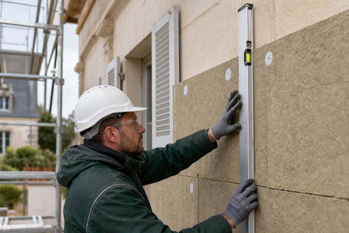 Pose précise des panneaux d’isolation sous enduit Façadier alignant des panneaux isolants avant la finition sous enduit
