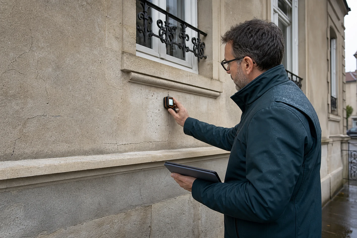 Diagnostic du support avant isolation extérieure Professionnel examinant l’humidité et les fissures d’une façade ancienne