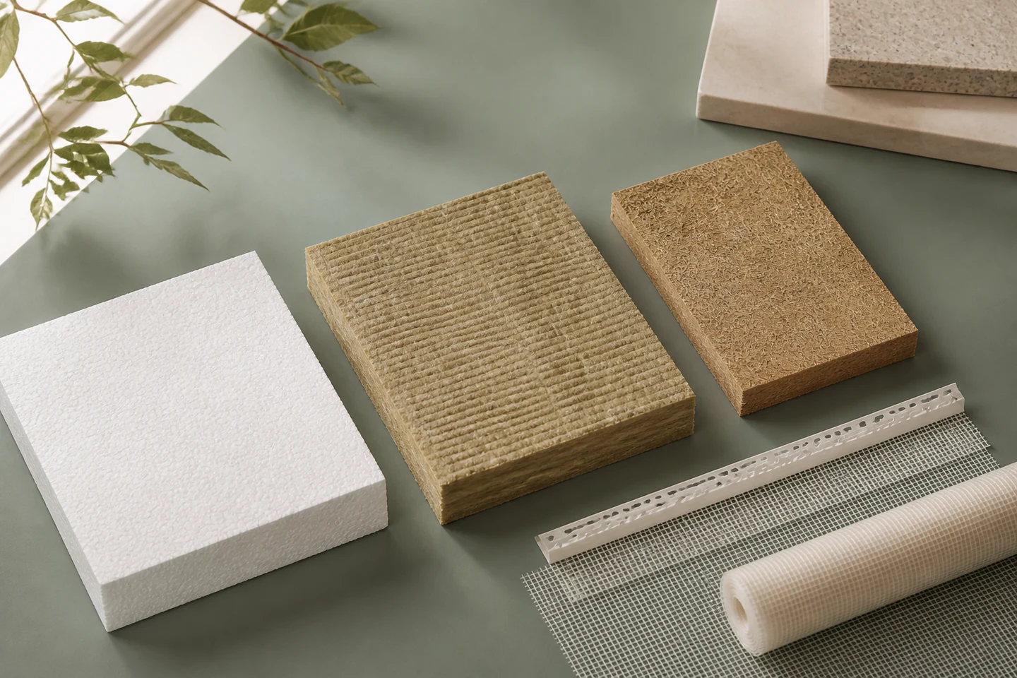 Matériaux comparés pour une isolation de façade Échantillons de PSE, laine minérale, fibre de bois, treillis, enduit et bardage