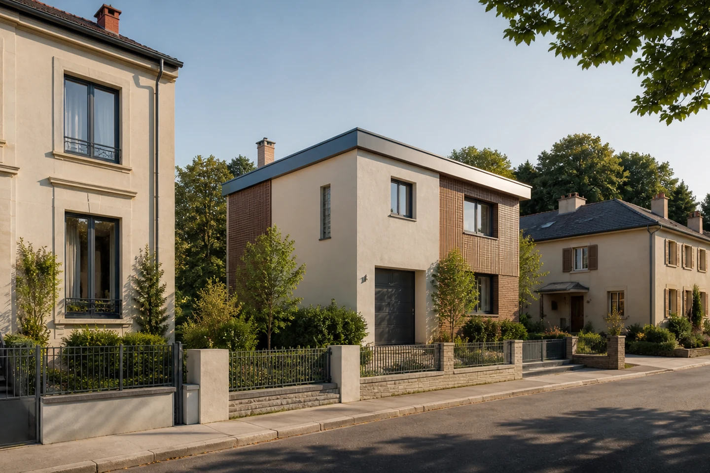 Façades et habitat de Meurthe-et-Moselle Rue réunissant maison de ville, pavillon et habitat lorrain aux façades rénovées